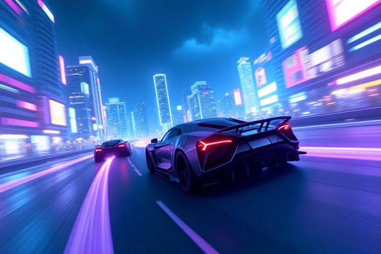 미래 도시를 배경으로 한 블록체인 레이싱 게임 '이데온 드리프트'의 한 장면