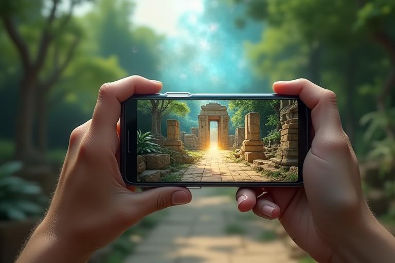 고대 유적을 탐험하는 AR 어드벤처 게임 '시공의 틈새' 한 장면